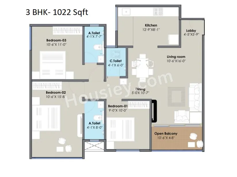 S D Prism City Yellow Unit plan - 1022 sq.ft.